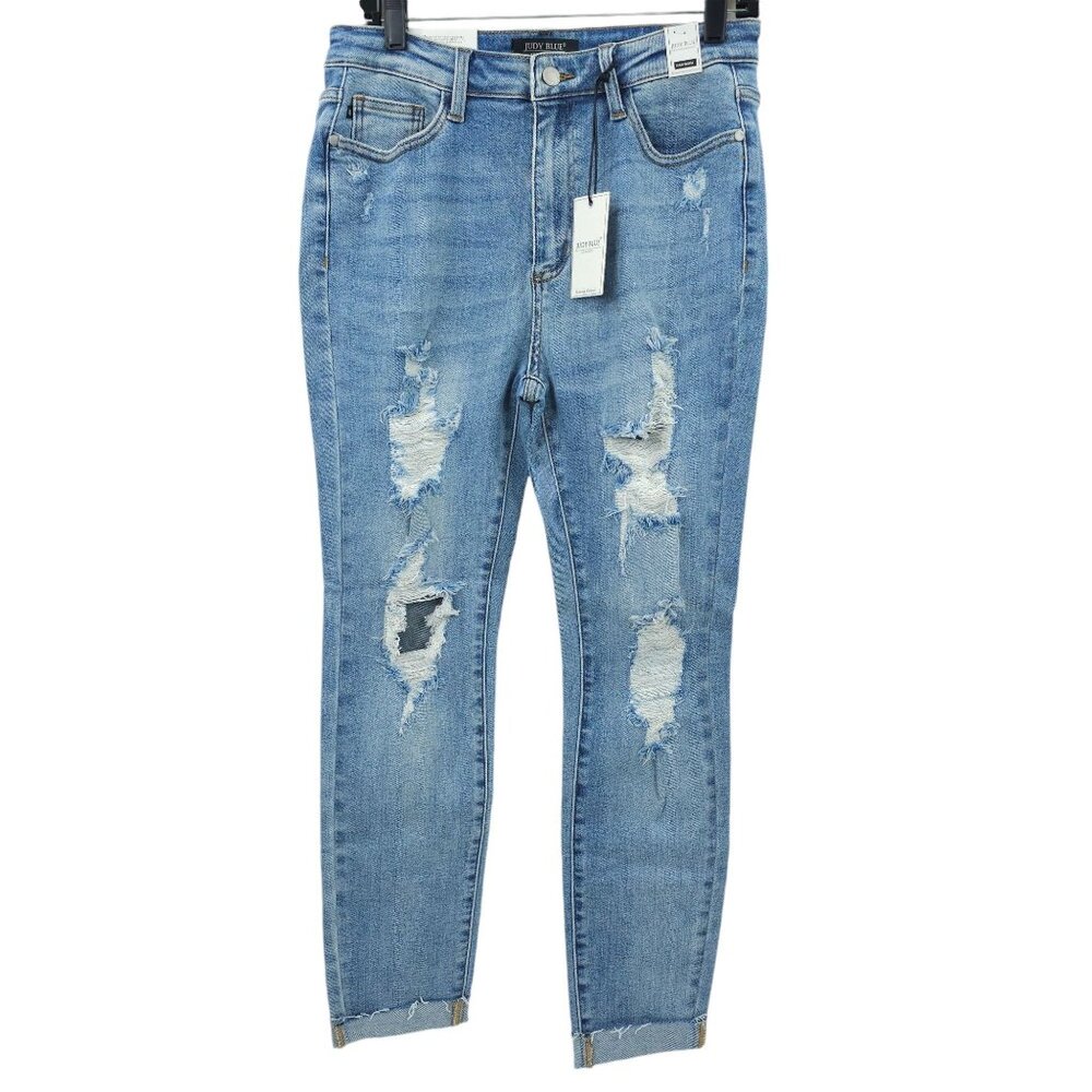 Judy Blue Jeans Skinny Fit Sz 11/30 Distressed Raw Hem Cuff Stretch High Waist
